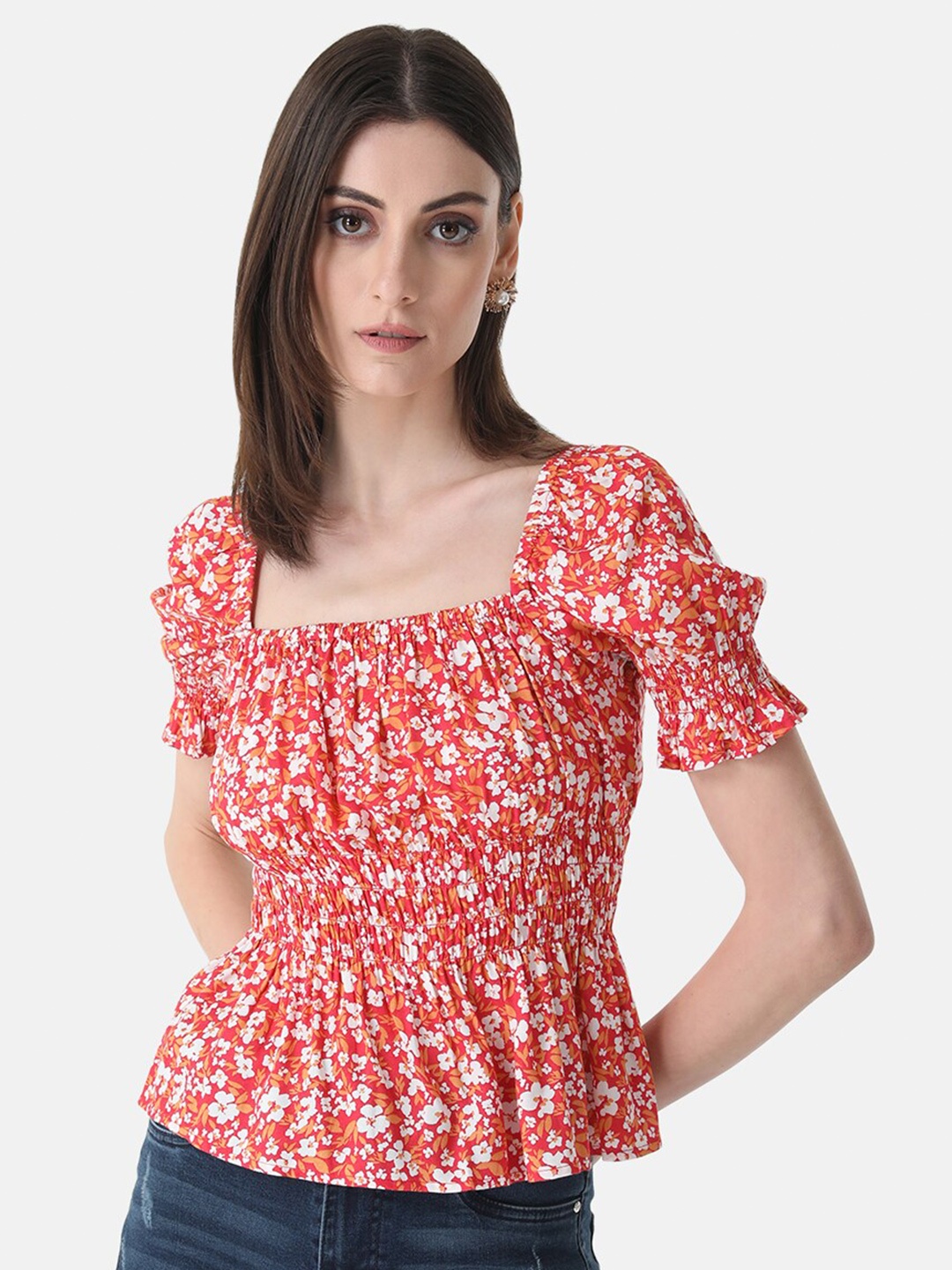 

Kazo Floral Print Smocked Top, Red