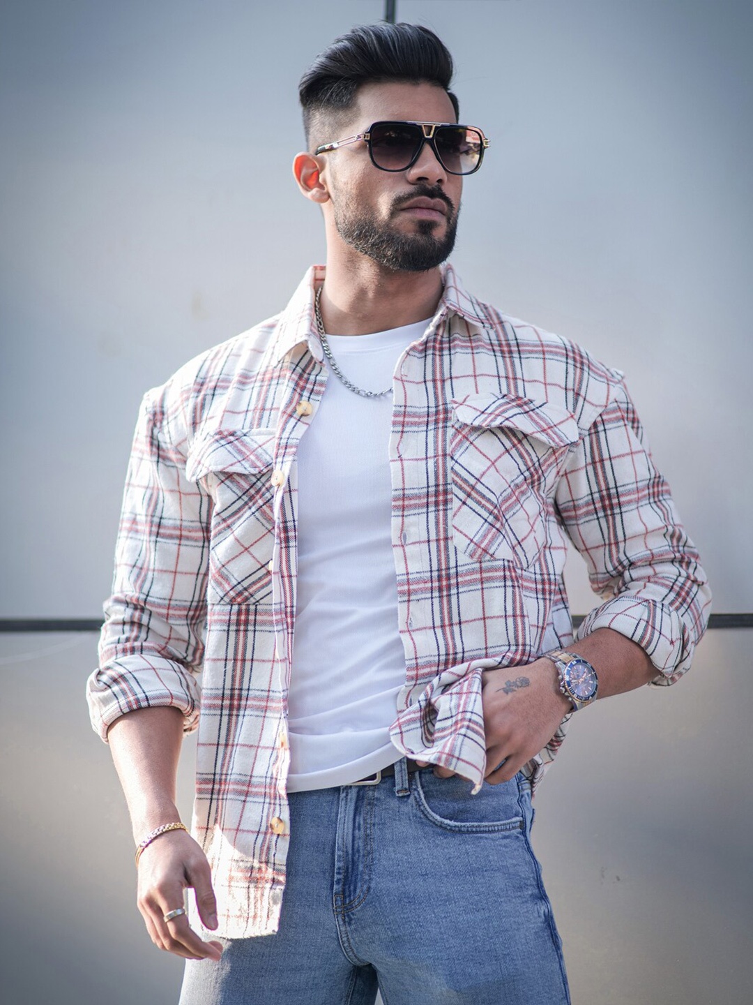 

Powerlook Slim Fit Tartan Checks Cotton Casual Shirt, Cream