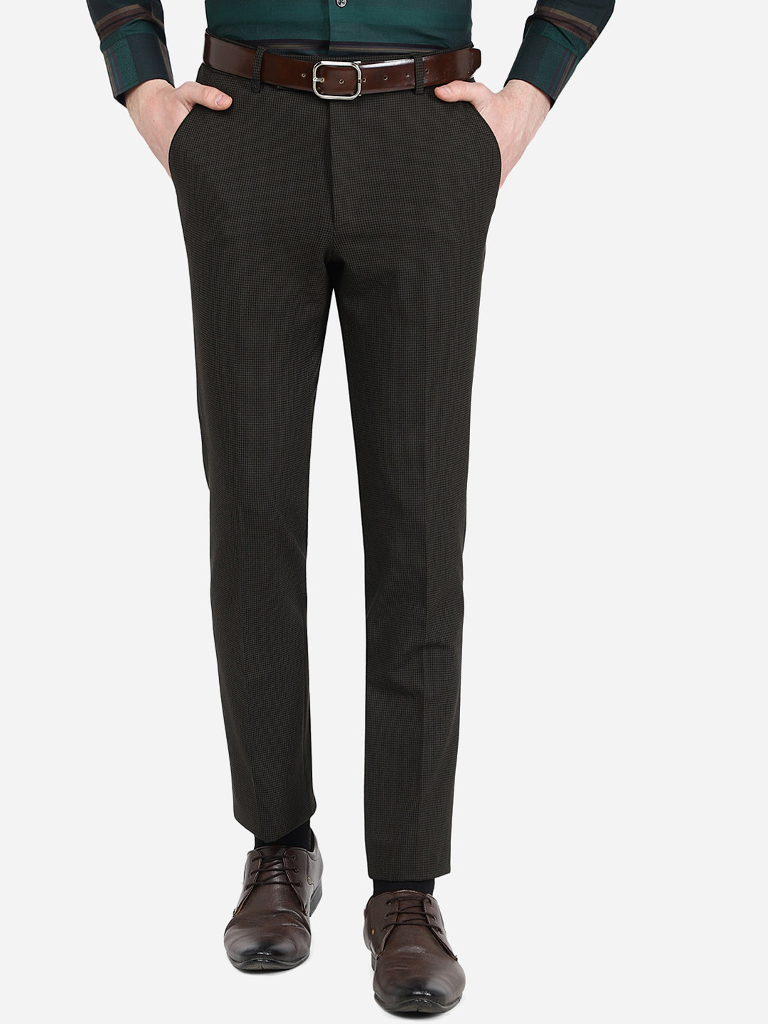 

JADE BLUE Men Slim Fit Mid-Rise Formal Trousers, Olive