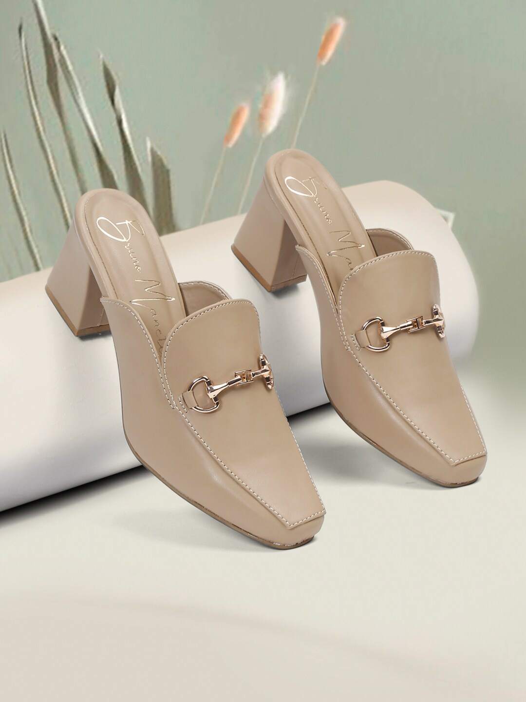 

Bruno Manetti Block Heel Mules, Beige