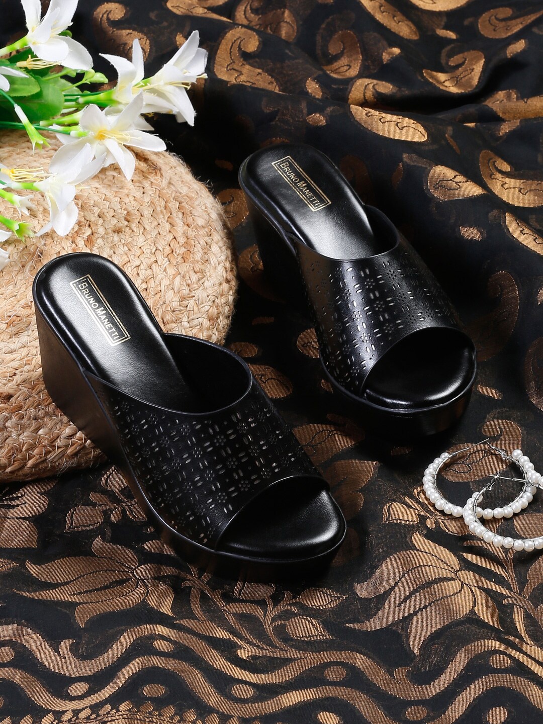 

Bruno Manetti PU Wedge Peep Toes with Laser Cuts, Black