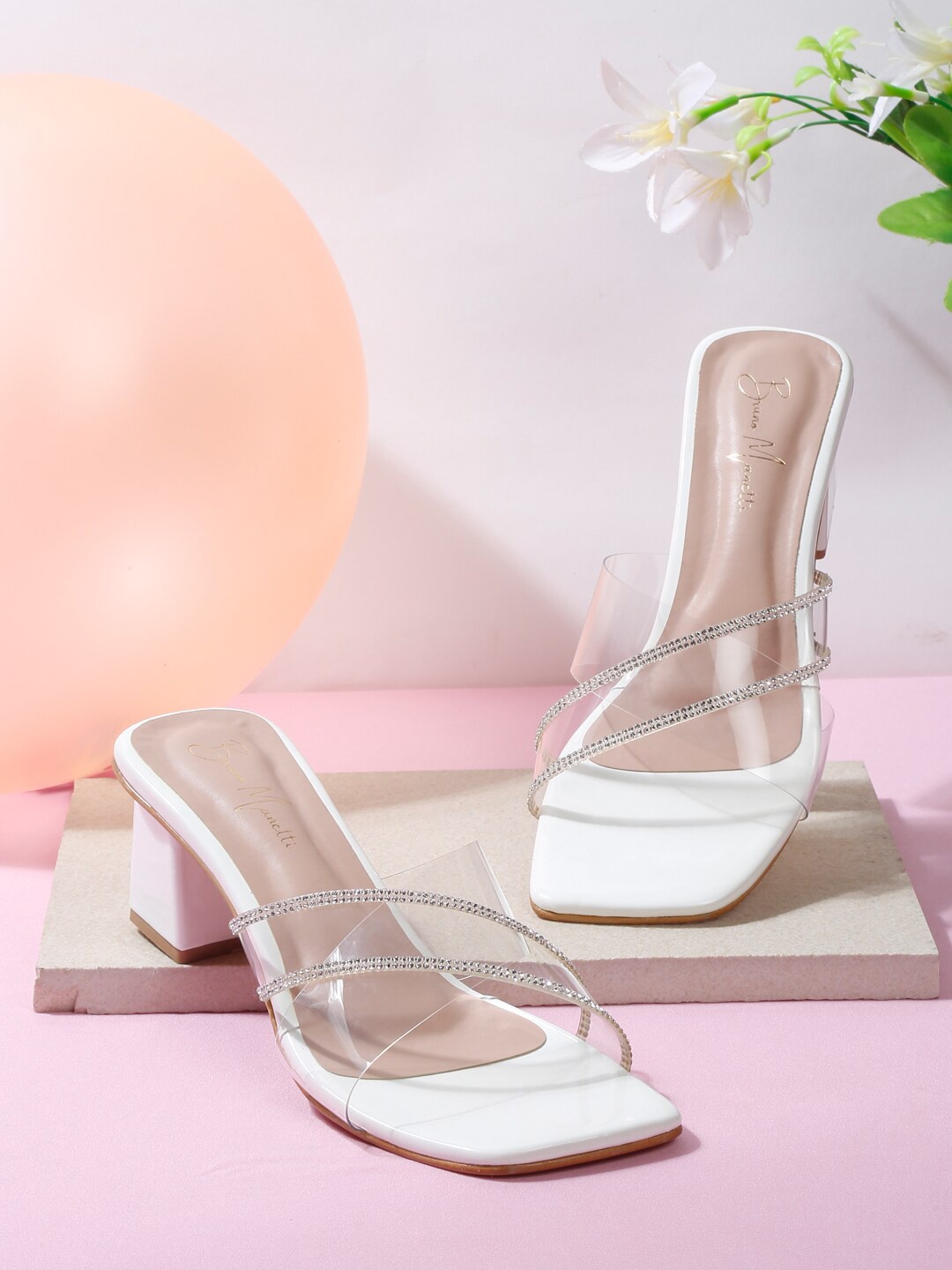 

Bruno Manetti Embellished Open Toe Block Heels, White