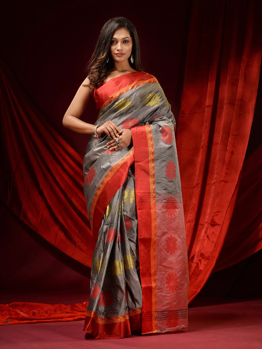 

Charukriti Ethnic Motifs Woven Design Zari Pure Silk Tussar Saree, Grey
