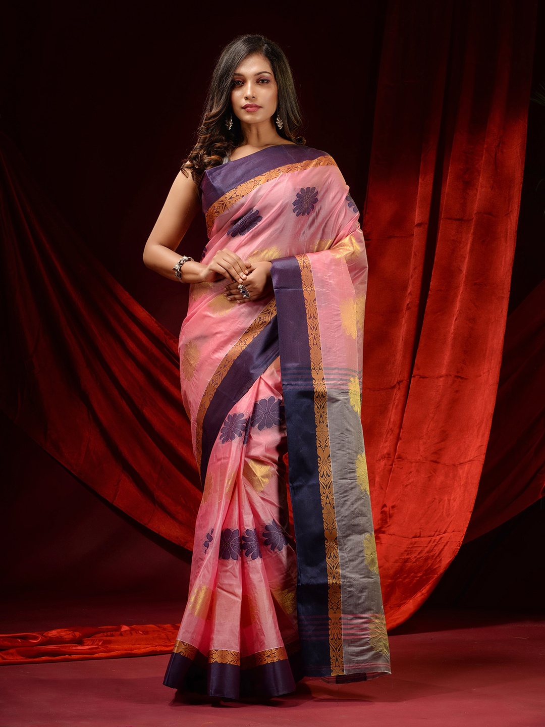 

Charukriti Floral Woven Design Pure Silk Tussar Saree, Pink