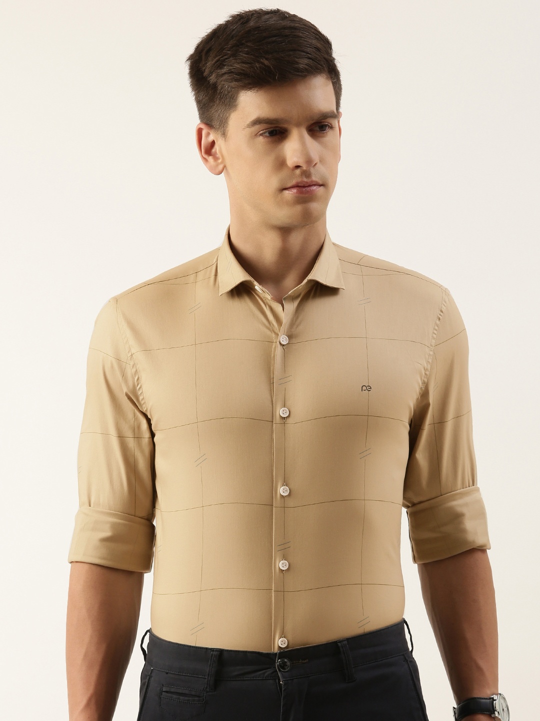 

Peter England Slim Fit Windowpane Checked Semiformal Shirt, Khaki