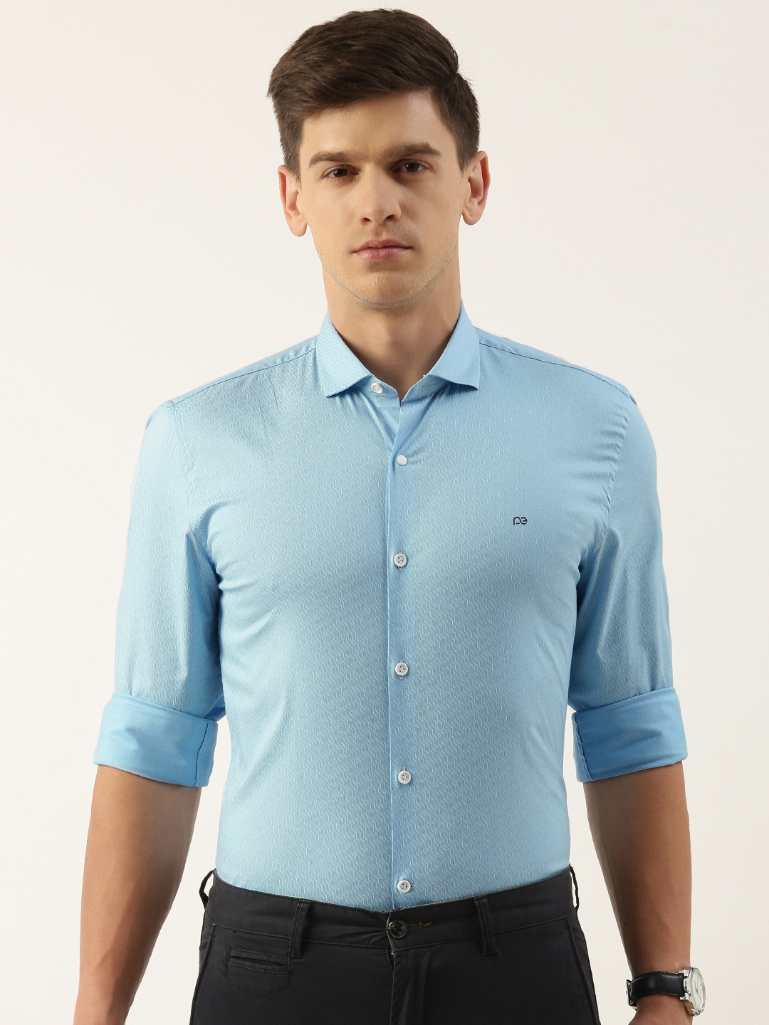 

Peter England Self Designed Textured Slim Fit Semiformal Shirt, Blue