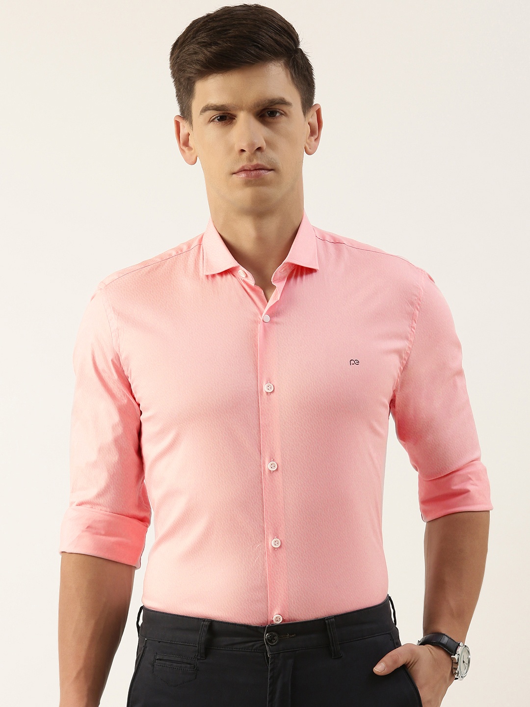 

Peter England Super Slim Fit Textured Chevron Formal Shirt, Pink