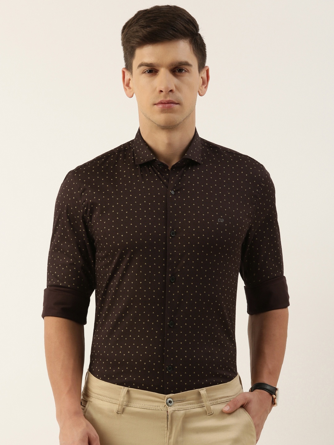 

Peter England Super Slim Fit Polka Dots Printed Semiformal Shirt, Brown