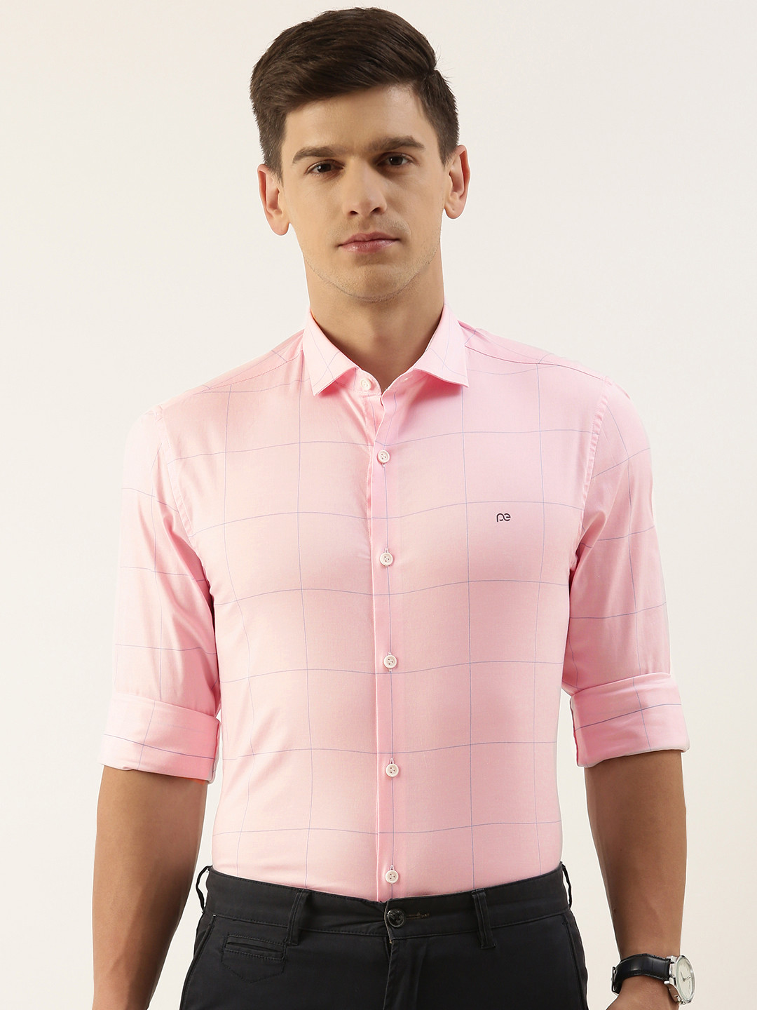 

Peter England Super Slim Fit Checked Formal Shirt, Pink