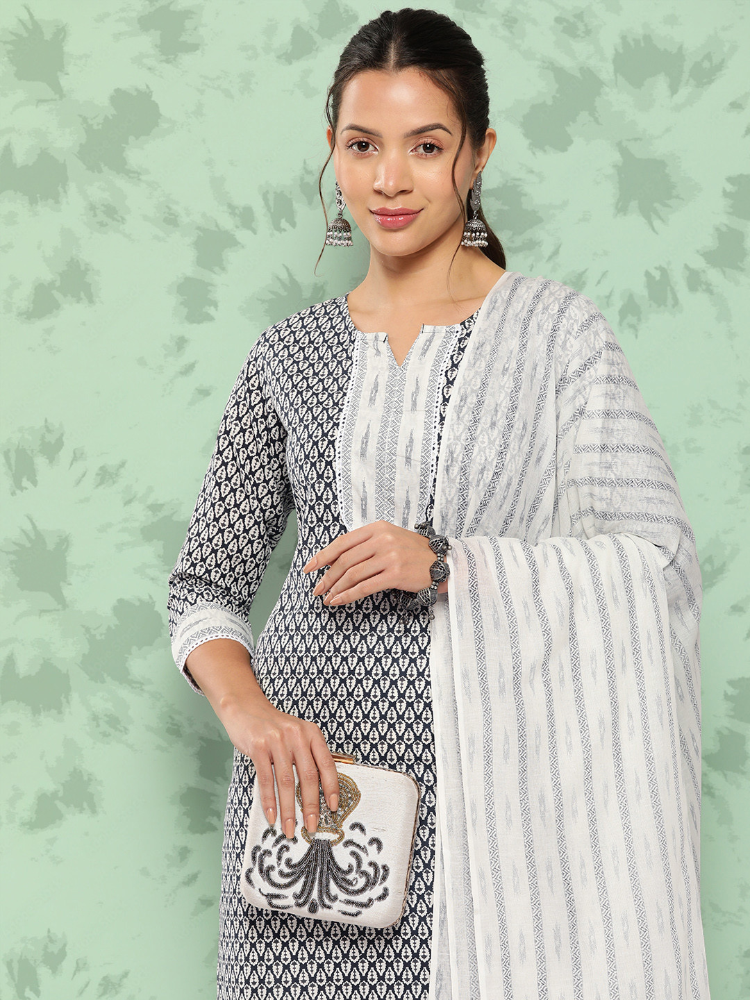 

Yufta Ethnic Motifs Printed Pure Cotton Kurta with Trousers & Dupatta, Black