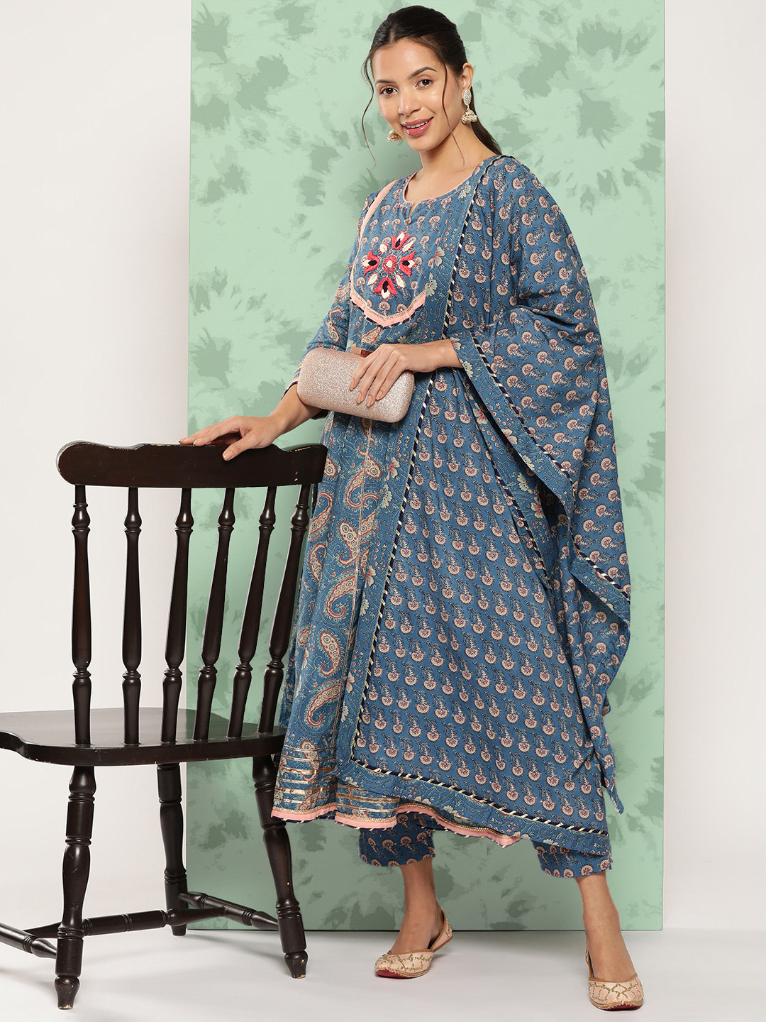 

Yufta Ethnic Motifs Printed Thread Work Detail Cotton A-Line Kurta with Trousers & Dupatta, Blue