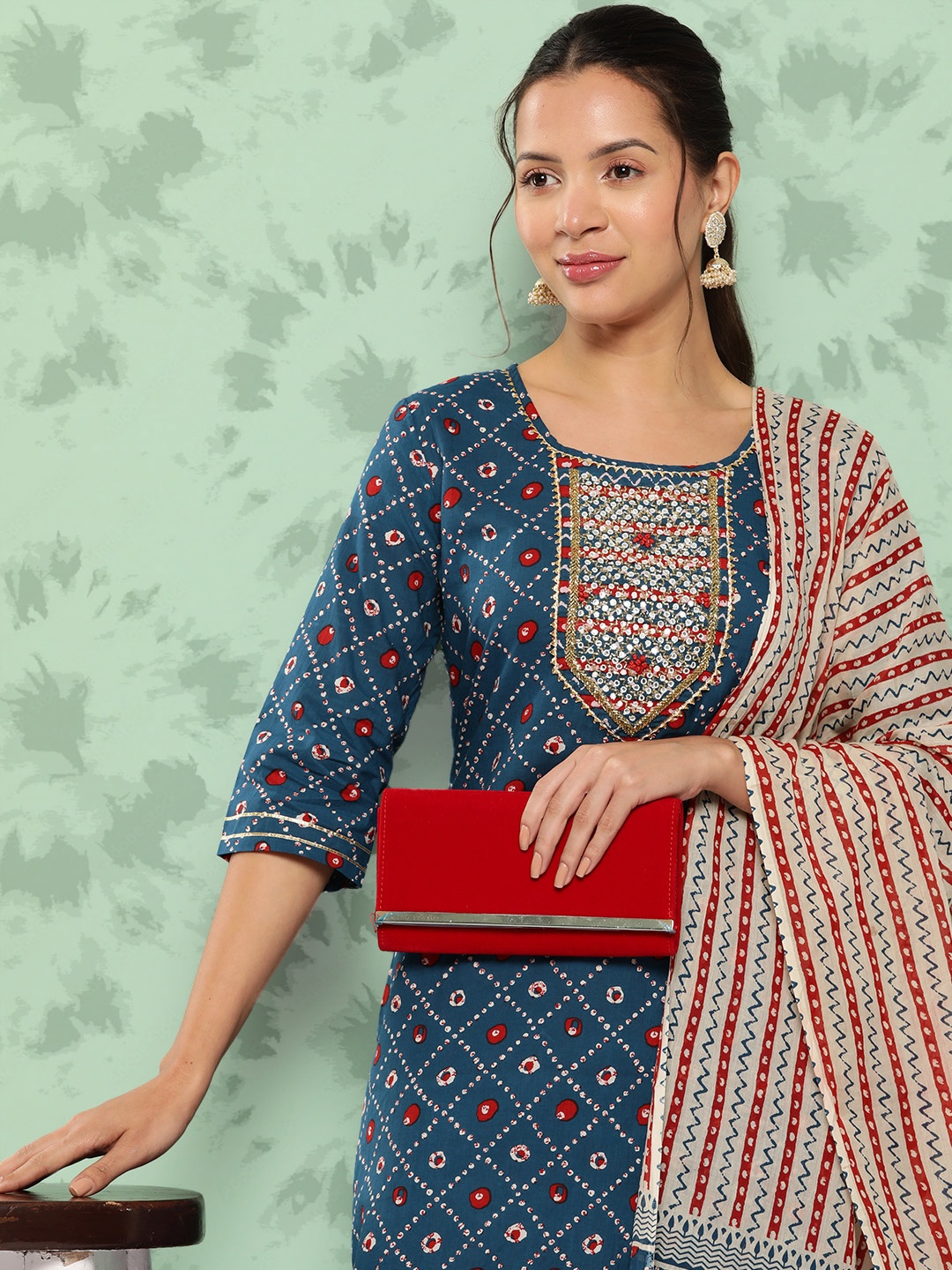 

Yufta Printed Gotta Patti Pure Cotton Kurta With Palazzos & With Dupatta, Blue