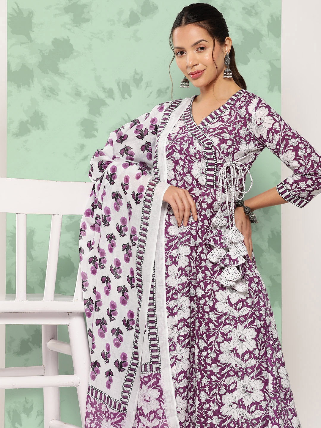 

Yufta Floral Printed Angrakha Pure Cotton Kurta With Trousers & With Dupatta, Lavender