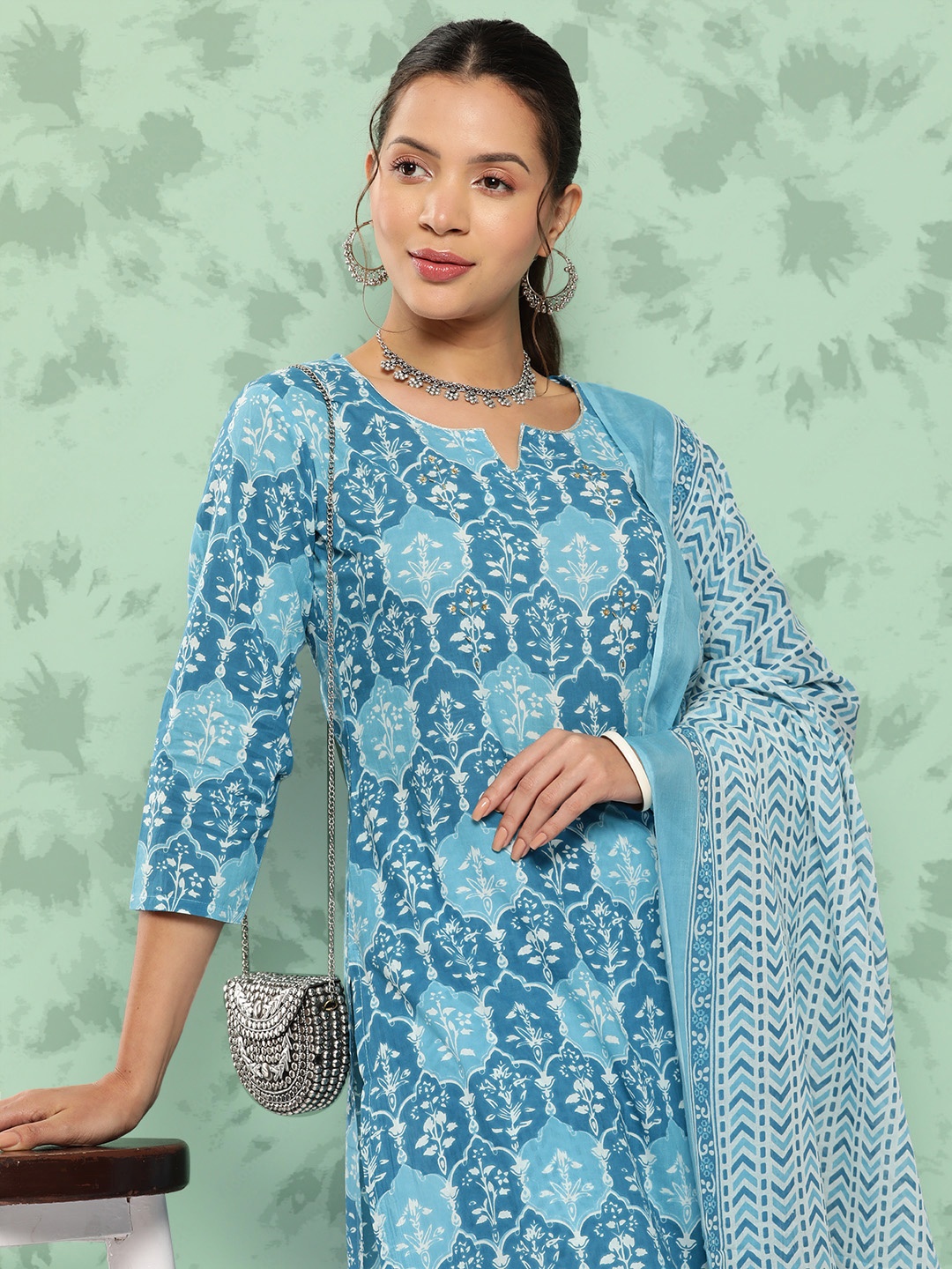 

Yufta Ethnic Motifs Printed Beads & Stones Detail Cotton Kurta with Trousers & Dupatta, Blue