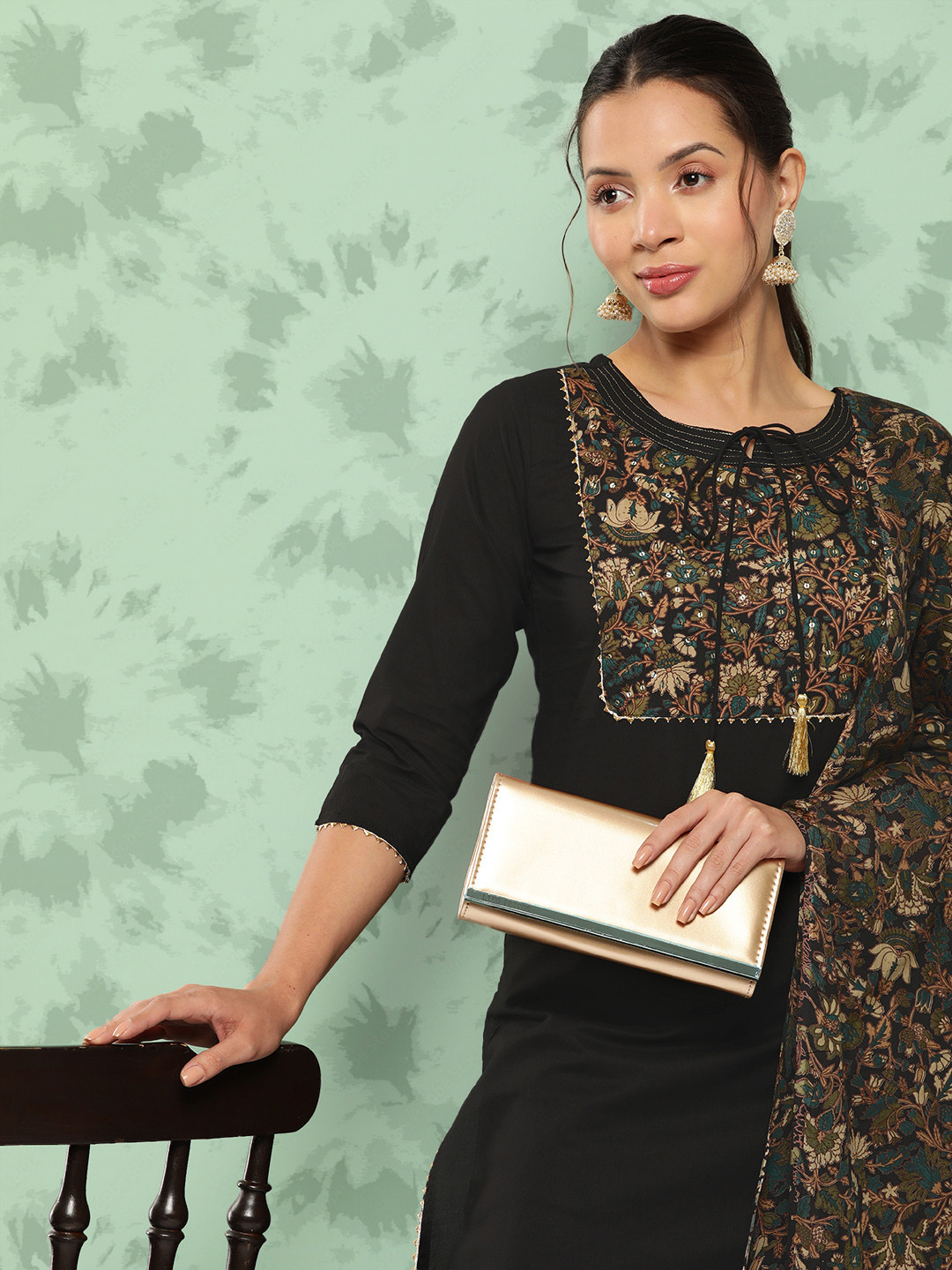 

Yufta Floral Yoke Design Gotta Patti Pure Cotton Kurta With Trousers & With Dupatta, Black