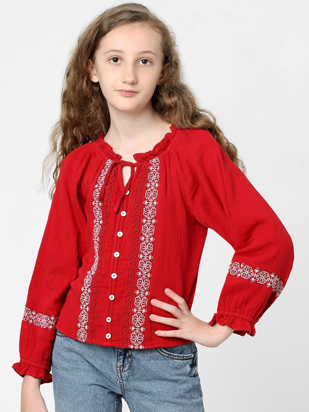 

KIDS ONLY Girls Puff Sleeves Floral Embroidered Tie-Up Neck Cotton Top, Red