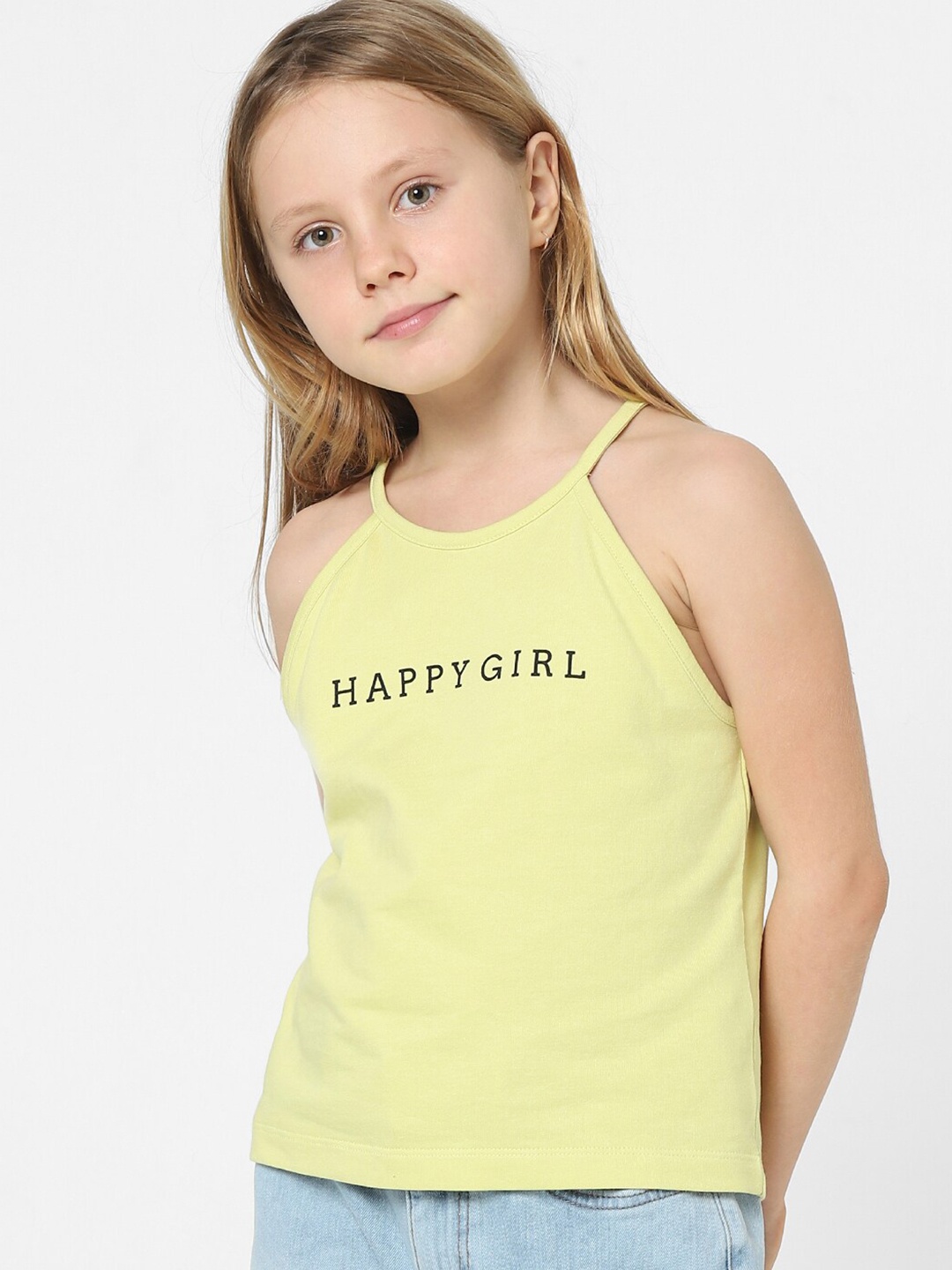 

KIDS ONLY Girls Typography Print Halter Neck Cotton Top, Green