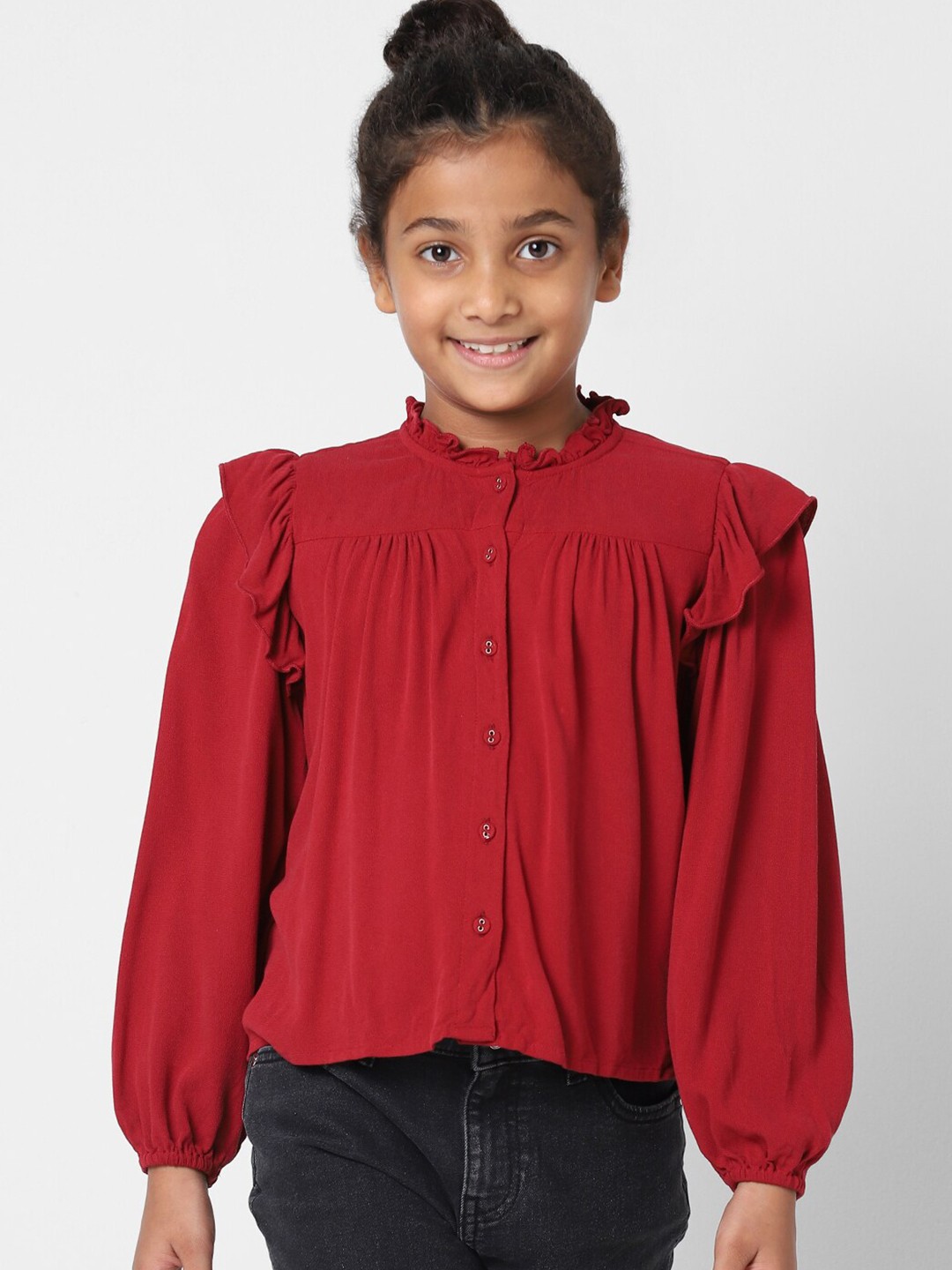 

KIDS ONLY Girls High Neck Puff Sleeves Regular Top, Red