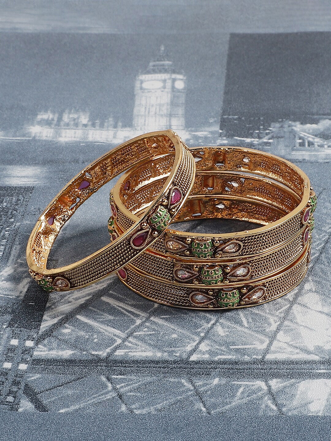 

STEORRA JEWELS Set Of 4 Gold-Plated & Stone-Studded Bangles