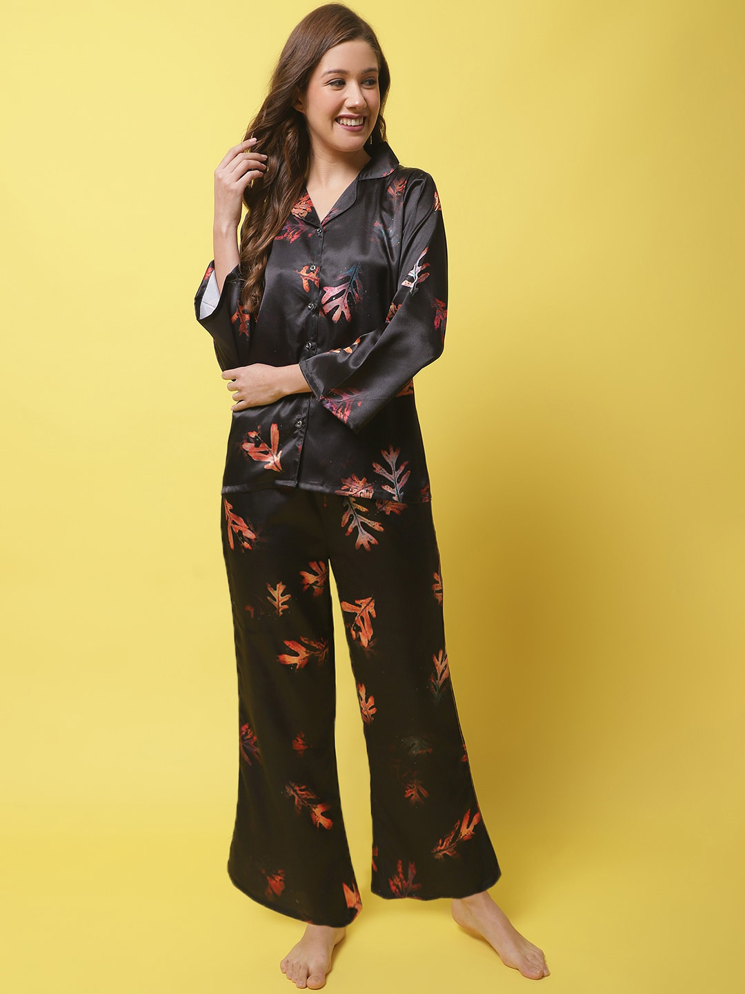 

Claura Floral Printed Satin Night Suit, Black