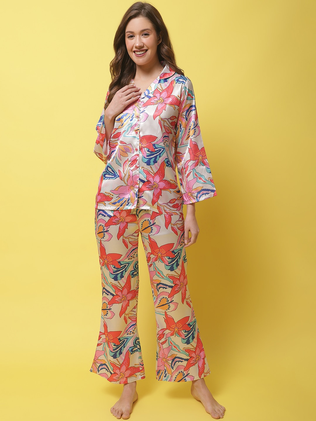 

Claura Floral Printed Satin Night Suit, Cream