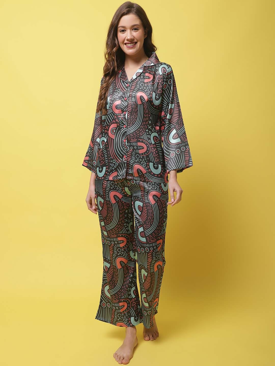 

Claura Abstract Printed Satin Night Suit, Black