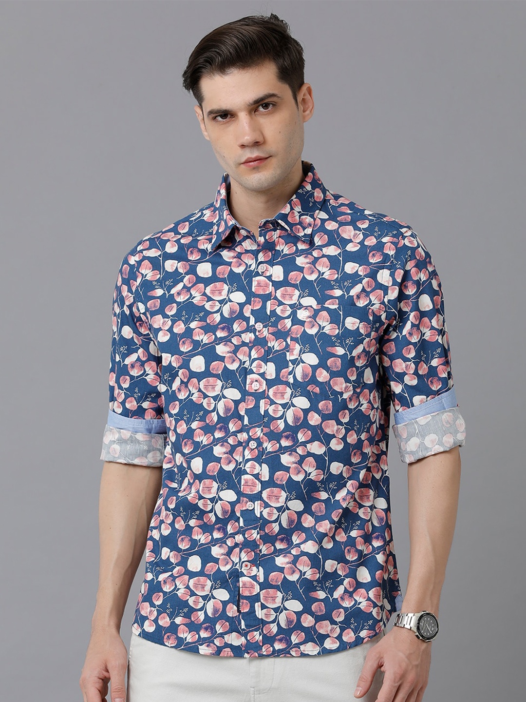 

Double Two Slim Fit Floral Printed Cotton Casual Shirt, Navy blue