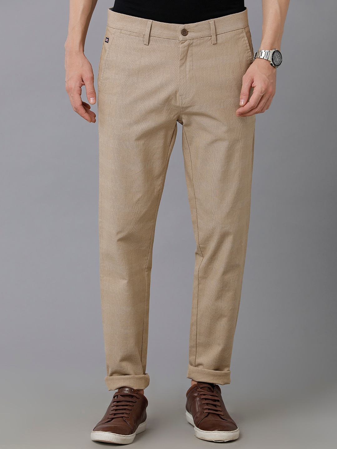 

Double Two Men Textured Smart Slim Fit Cotton Trousers, Khaki