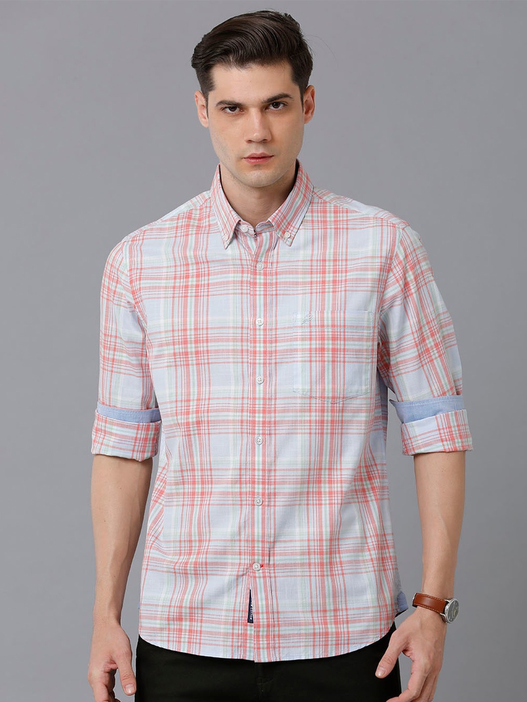 

Double Two Slim Fit Tartan Checks Cotton Casual Shirt, Blue