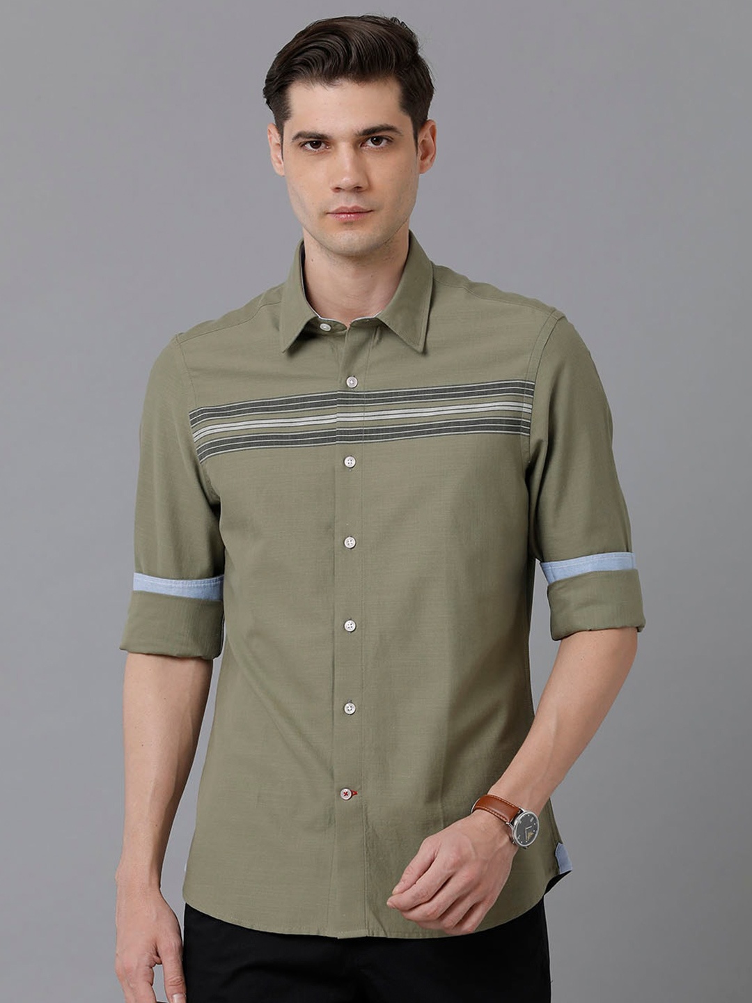 

Double Two Men Slim Fit Horizontal Striped Casual Cotton Shirt, Olive