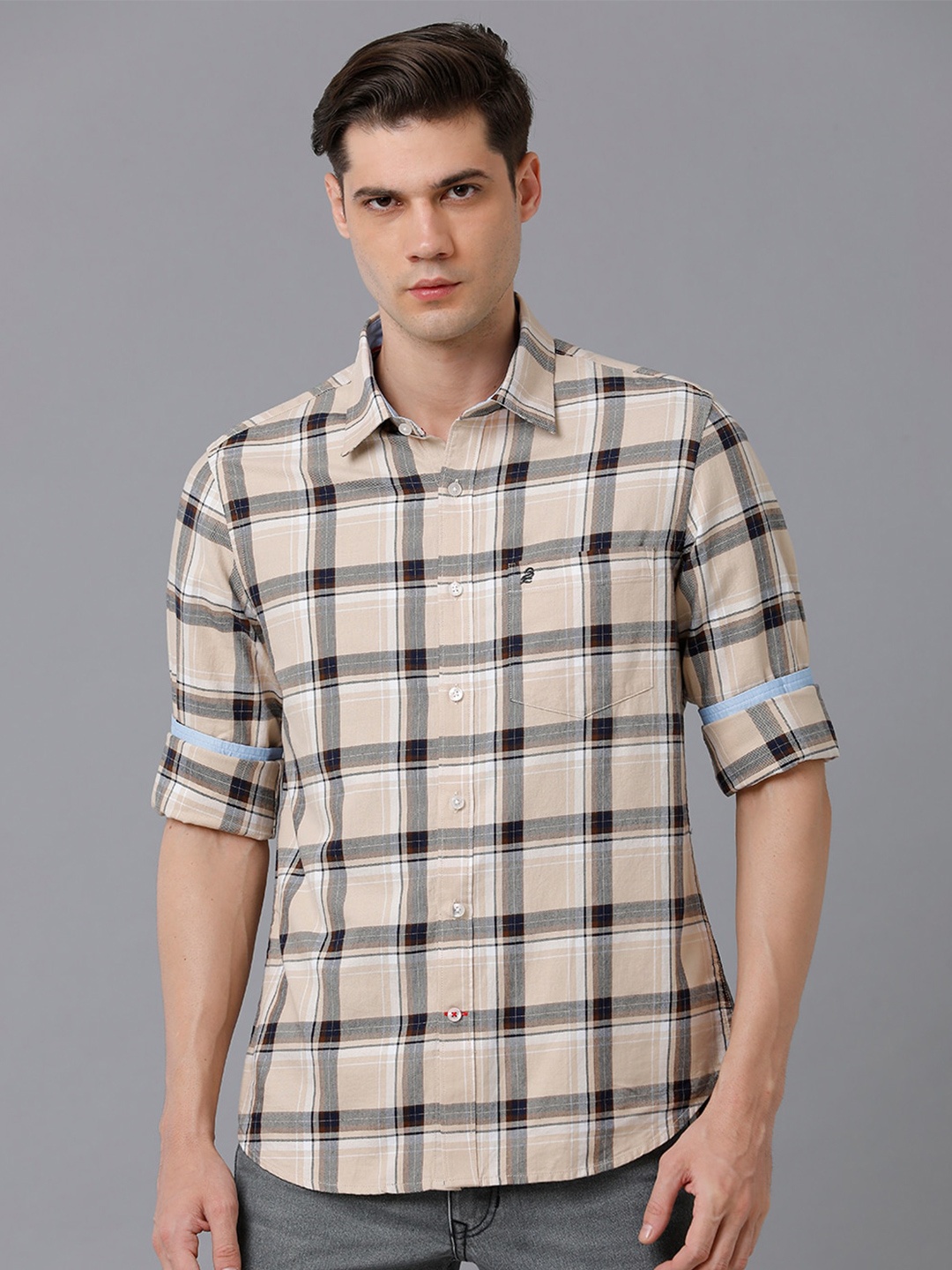 

Double Two Men Slim Fit Tartan Checked Casual Cotton Shirt, Beige