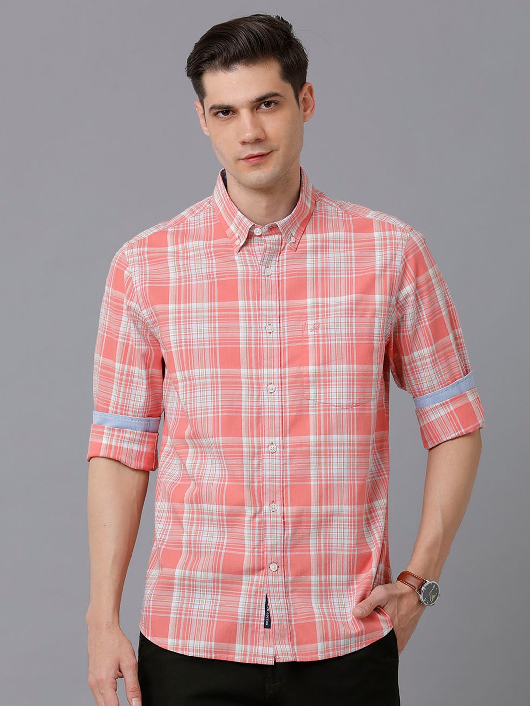 

Double Two Men Slim Fit Tartan Checked Casual Cotton Shirt, Pink