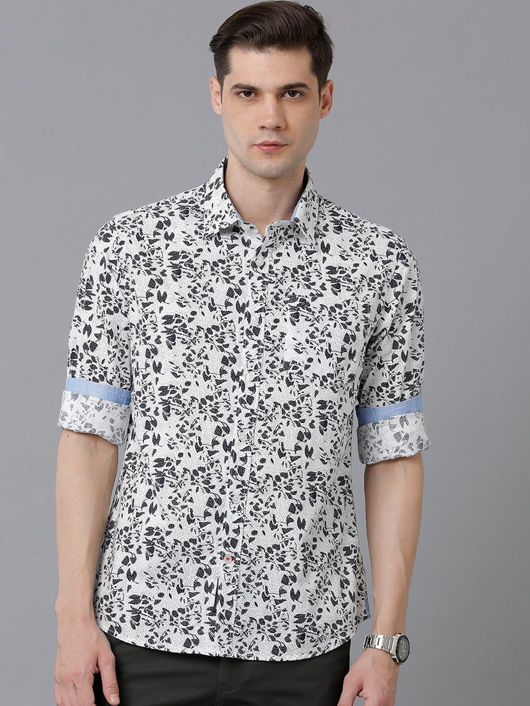 

Double Two Men Slim Fit Floral Printed Casual Cotton Shirt, White