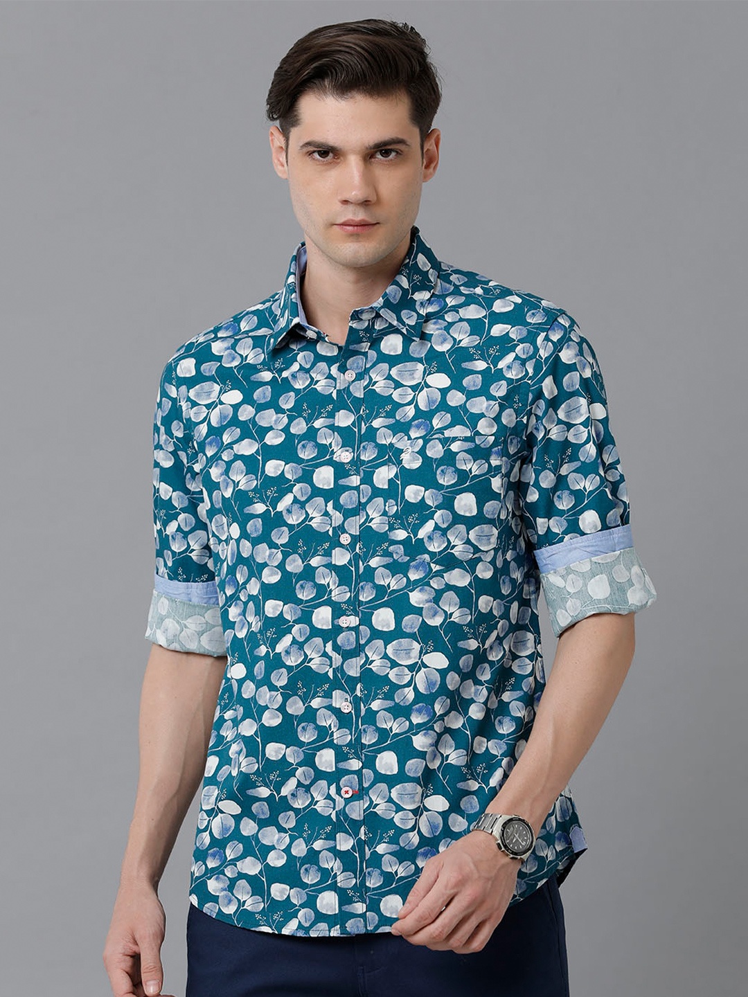

Double Two Men Slim Fit Floral Printed Casual Cotton Shirt, Turquoise blue