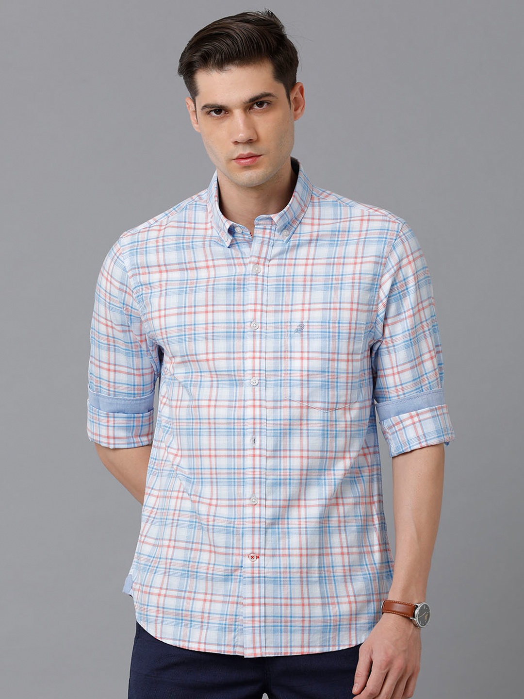 

Double Two Men Slim Fit Tartan Checked Casual Cotton Shirt, Blue