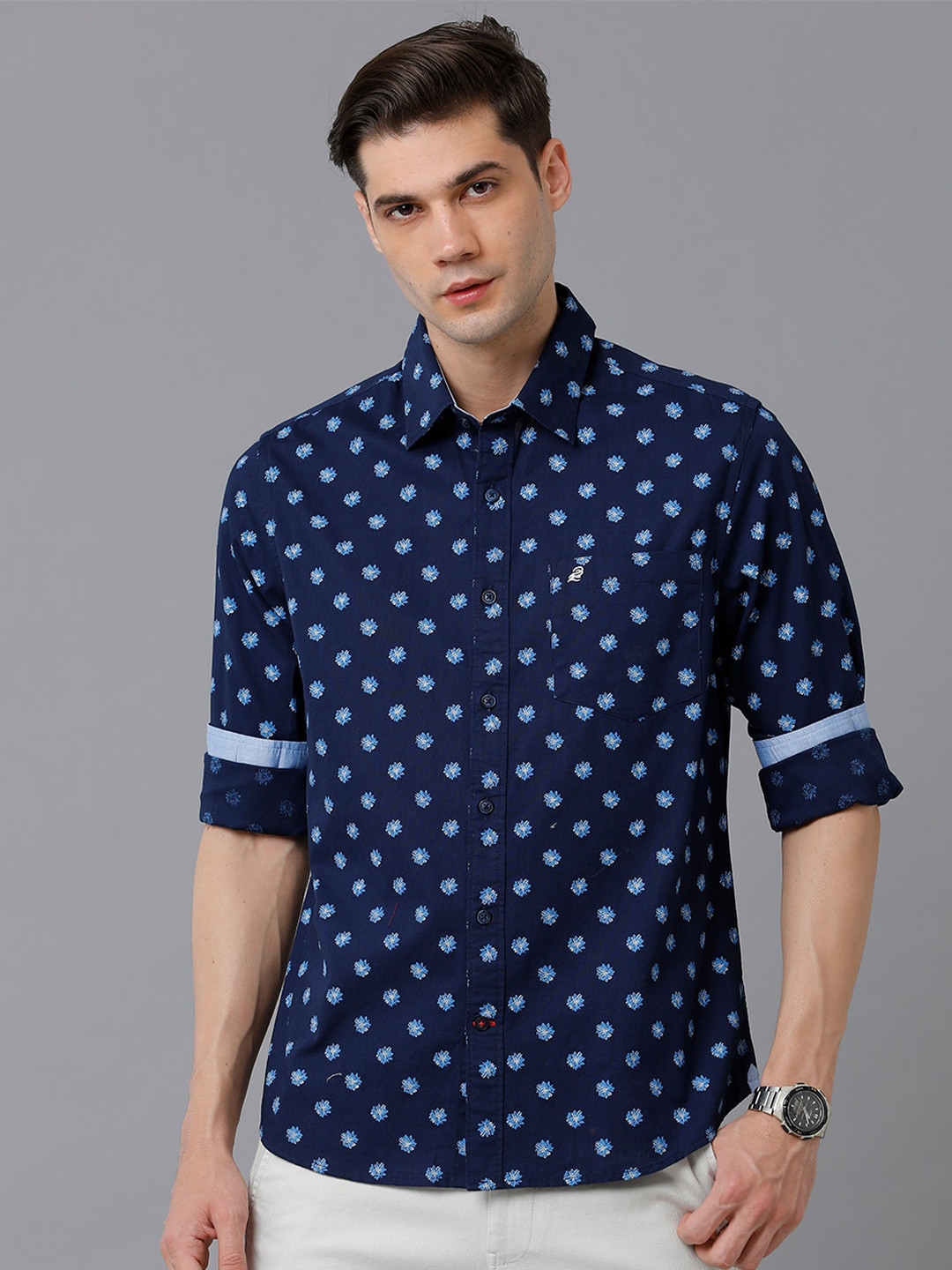 

Double Two Slim Fit Conversational Printed Cotton Casual Shirt, Blue
