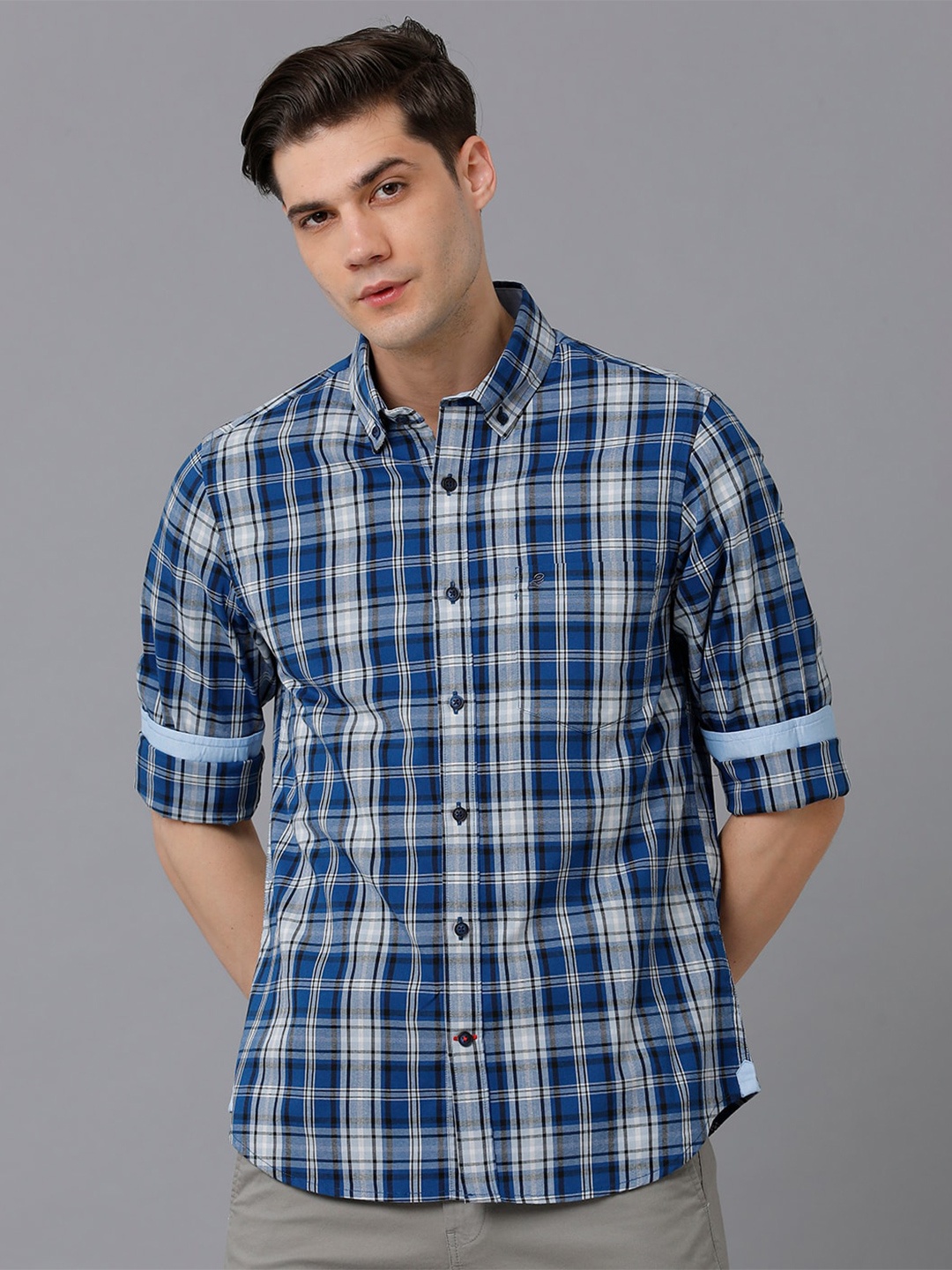 

Double Two Slim Fit Tartan Checked Cotton Casual Shirt, Blue