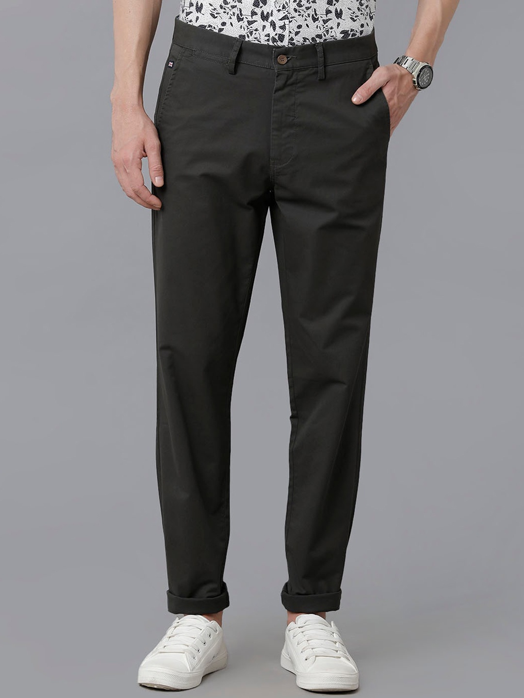 

Double Two Men Smart Slim Fit Cotton Trousers, Charcoal