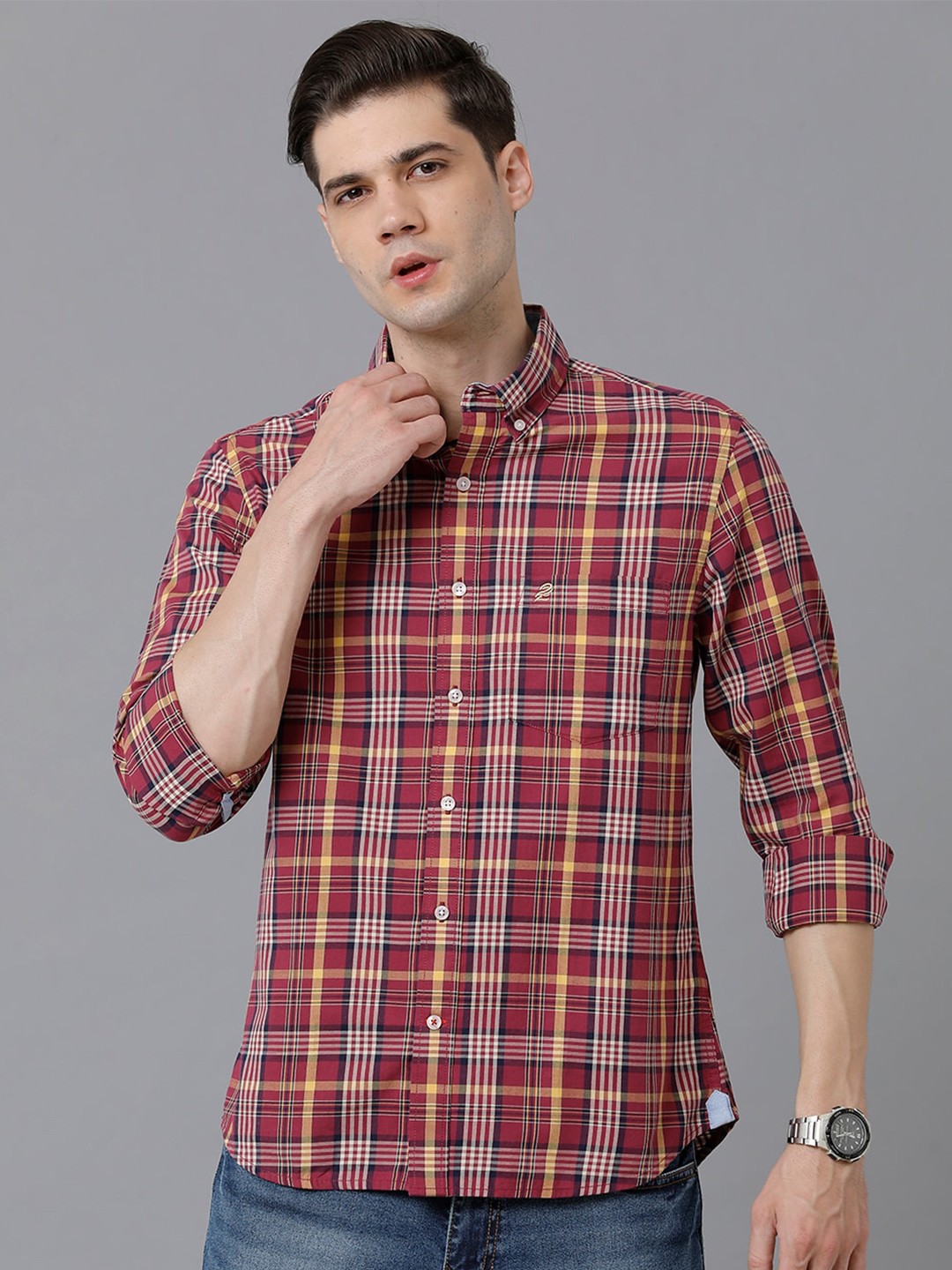 

Double Two Button-Down Collar Slim Fit Tartan Checked Cotton Casual Shirt, Red