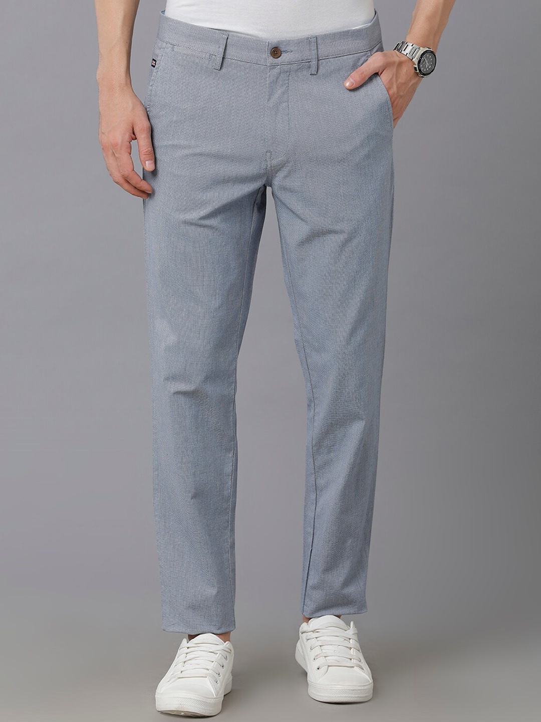 

Double Two Men Textured Smart Slim Fit Cotton Trousers, Grey