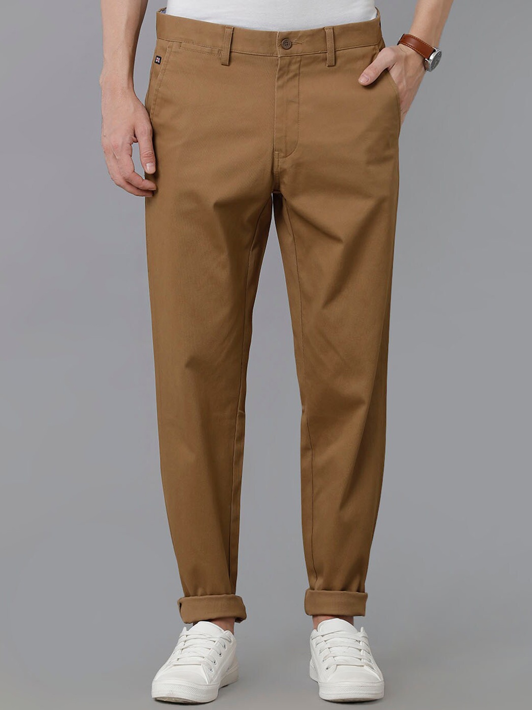 

Double Two Men Textured Smart Slim Fit Cotton Trousers, Khaki