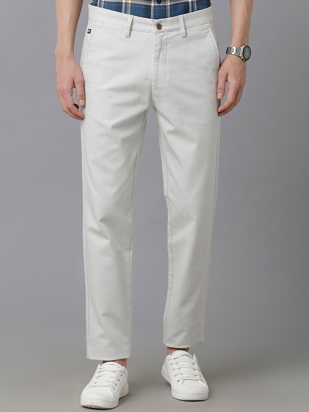 

Double Two Men Cotton Smart Slim Fit Trousers, Off white