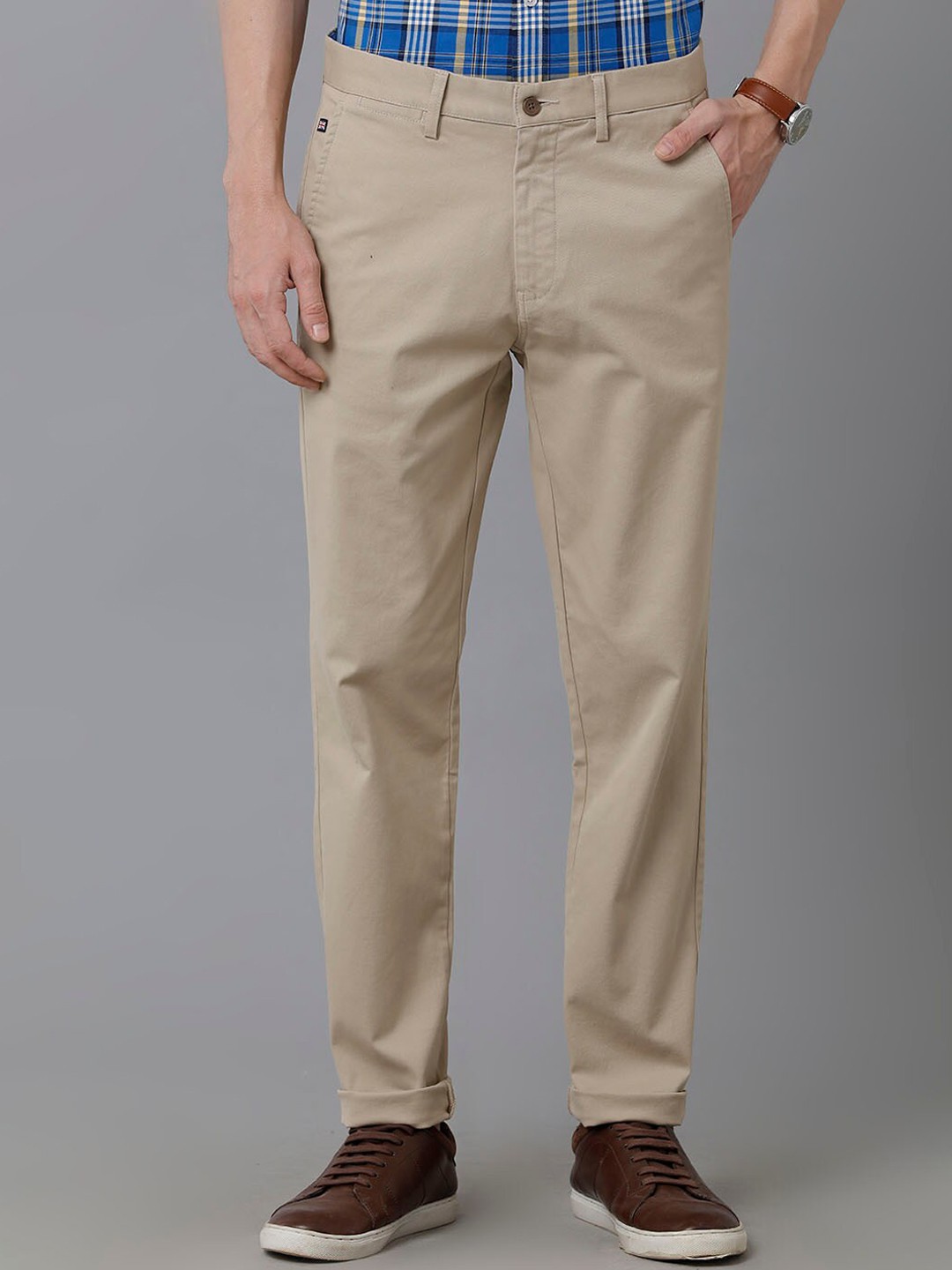 

Double Two Men Cotton Smart Slim Fit Trousers, Beige