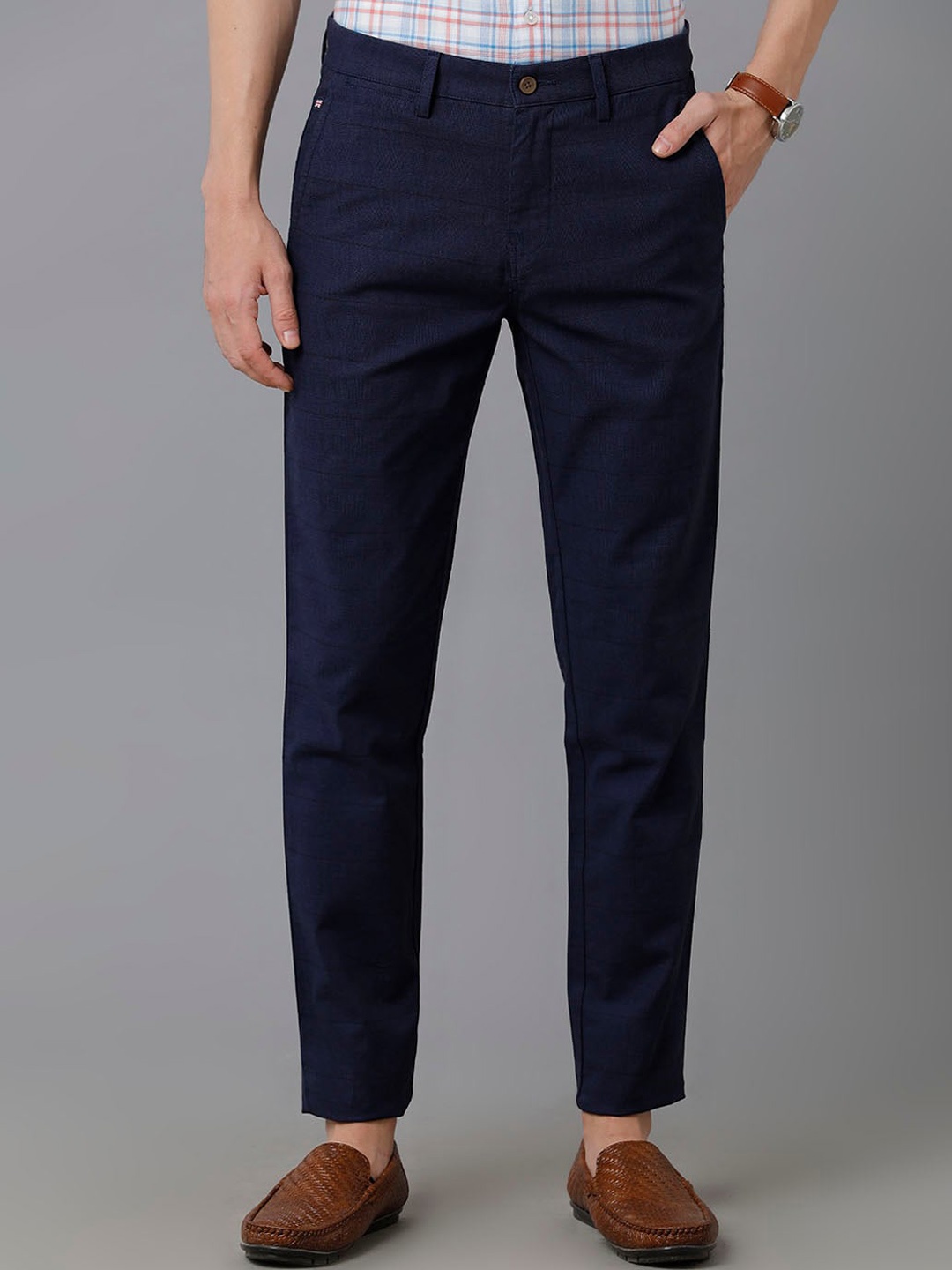

Double Two Men Checked Smart Slim Fit Trousers, Navy blue