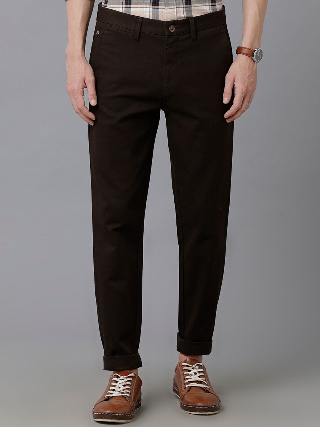 

Double Two Men Cotton Smart Slim Fit Chinos Trousers, Brown