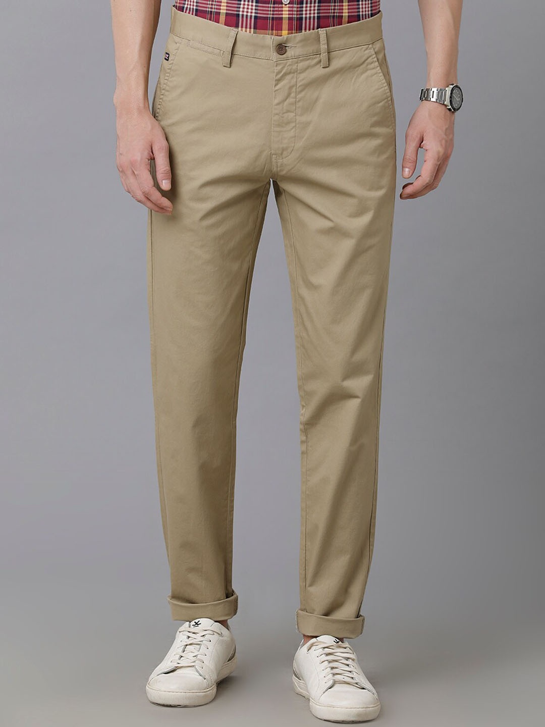 

Double Two Men Cotton Smart Slim Fit Trousers, Beige