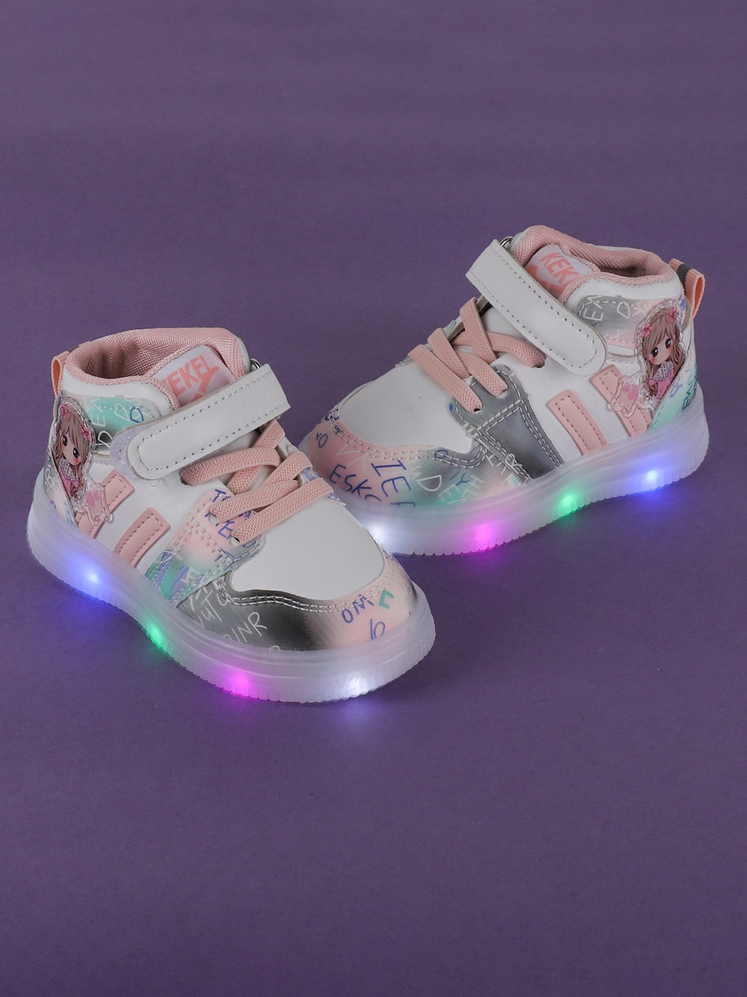 

FEETWELL SHOES Kids Colourblocked LED Velcro Sneakers, White