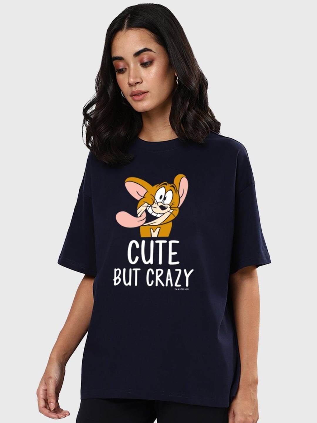 

Bewakoof Tom & Jerry Printed Drop-Shoulder Sleeves Cotton Loose T-shirt, Navy blue