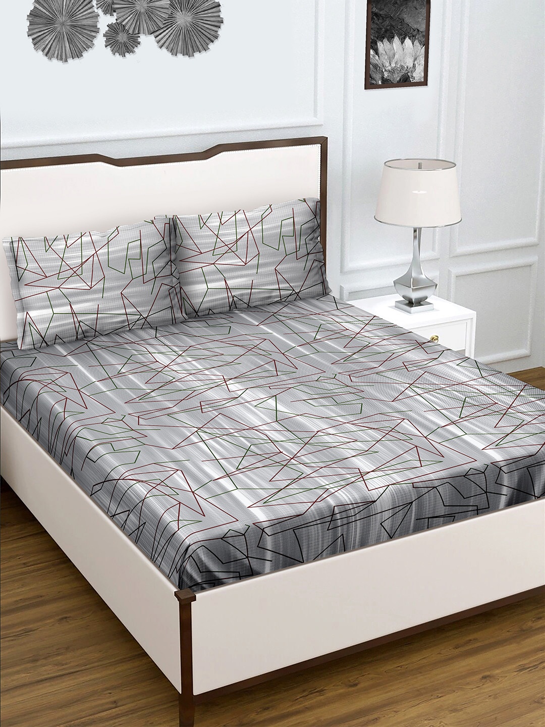 

BELLA CASA Radiant Grey & Green 150 TC Flat Cotton King Bedsheet with 2 Pillow Covers