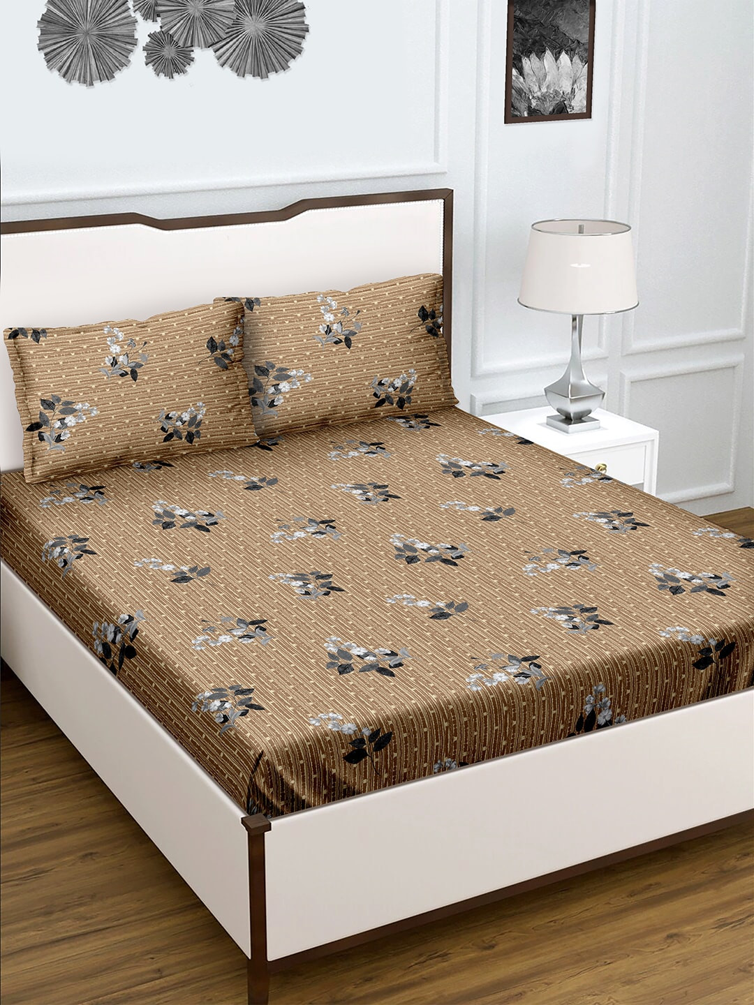 

BELLA CASA Radiant Brown & Grey 150 TC Flat Cotton King Bedsheet with 2 Pillow Covers